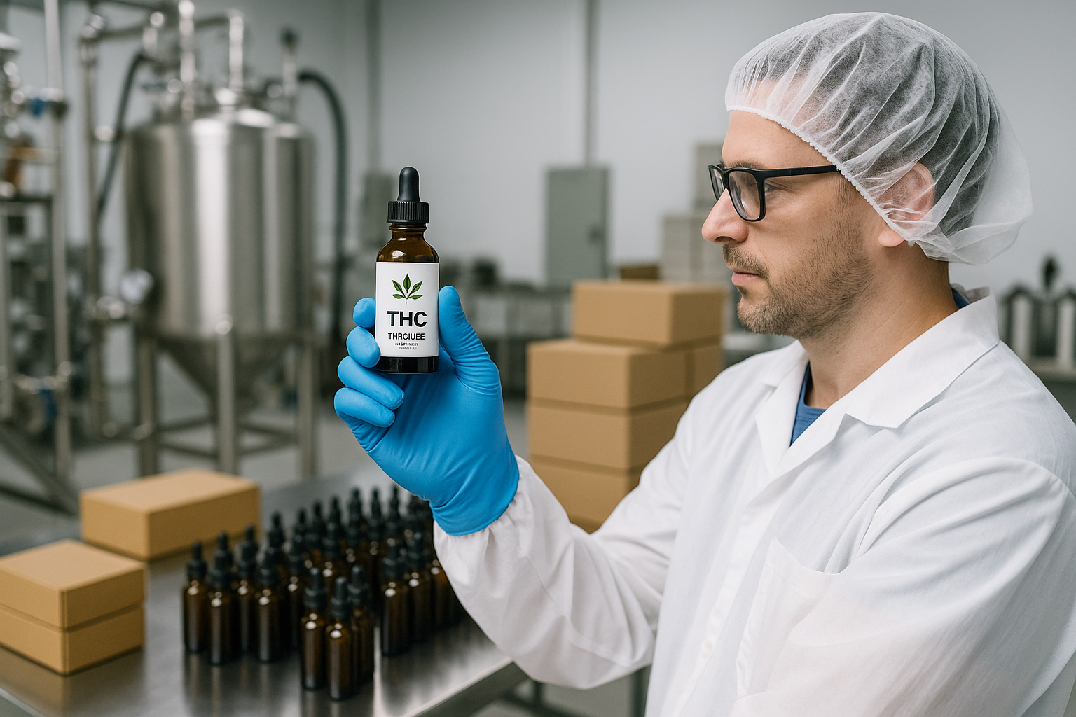 Lab technician inspecting tinctures in a CBD and THC processing facility